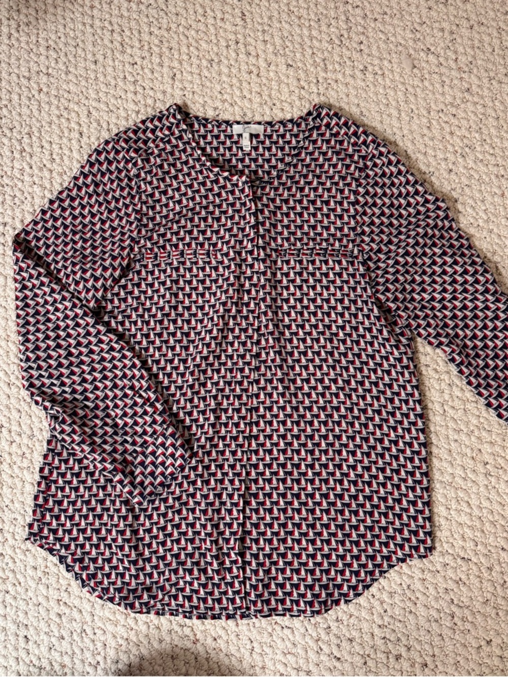 Joie Navy and Red Sailboats Geometric Button-Front Blouse 100% Silk